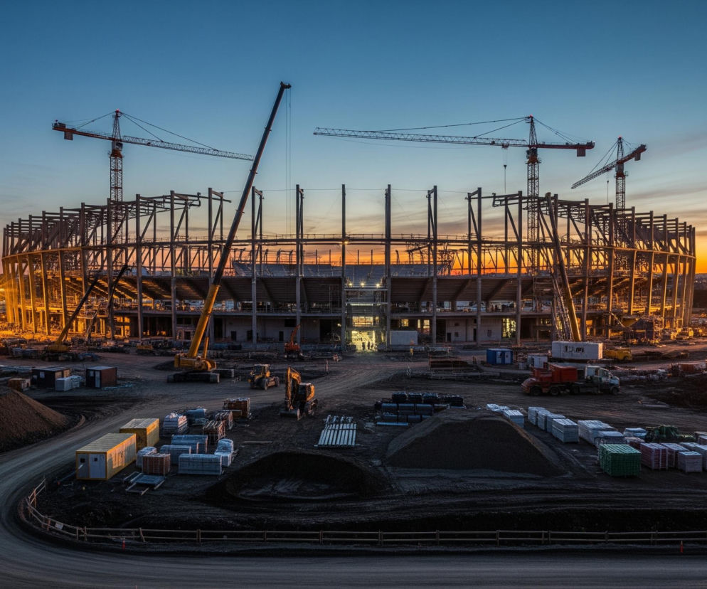 Duża, okrągła konstrukcja stalowa w trakcie budowy dominuję centrum obrazu, otoczona koparkami, ciężarówkami i stosami materiałów budowlanych na piaszczystym terenie. Stalowe filary i belki, tworzące zarys trybun stadionu, są podświetlone pomarańczowym światłem zachodzącego słońca, kontrastując z błękitnym niebem przechodzącym w ciemniejszy granat ku górze. Wokół konstrukcji rozmieszczonych jest kilka żurawi budowlanych oraz reflektory, które emitują intensywne, pomarańczowe światło, rzucając długie cienie na plac budowy. Na horyzoncie, po prawej stronie, widać jasny blask zachodzącego słońca, a także zarys zabudowań miejskich z licznymi światłami.