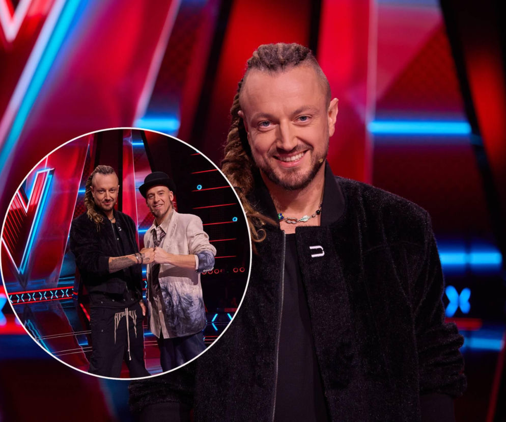 Uśmiechnięty Baron w czarnej bluzie. Na miniaturze obok Tomson i Baron w studiu. O ich emocjach w The Voice przeczytasz na SE.