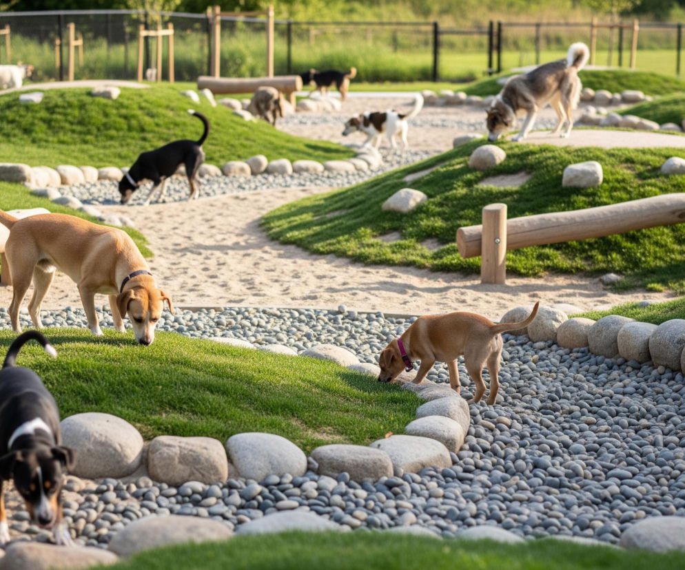 Grupę psów biegających po rozległym, pagórkowatym terenie zewnętrznym, który jest zaprojektowany jako park lub wybieg dla psów. Teren składa się z piaszczystych ścieżek, trawiastych pagórków i wybrukowanych kamieniami rzecznymi koryt, które oddzielają te przestrzenie. Wzdłuż piaszczystych ścieżek rozmieszczono drewniane pnie służące jako przeszkody lub miejsca do odpoczynku, a niektóre obszary są obsadzone młodymi drzewami z drewnianymi podpórkami. Wszystkie psy aktywnie eksplorują teren, niektóre z nich schylone wąchają ziemię.