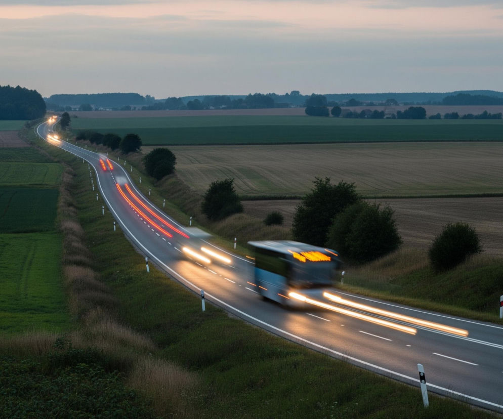 Długa, asfaltowa droga biegnie przez wiejski krajobraz o zmierzchu, z smugami świateł pojazdów w ruchu. Niebieski autobus z rozmytymi pomarańczowymi światłami przednimi i tablicą kierunkową jest widoczny z prawej strony, a za nim żółte smugi świateł od innych samochodów jadących w tym samym kierunku. W oddali, po lewej stronie drogi, widać czerwone smugi świateł tylnych samochodów. Po obu stronach drogi rozciągają się pola uprawne w różnych odcieniach zieleni i brązu, a w tle widać ciemny las i wzgórza pod bladym, zachmurzonym niebem.