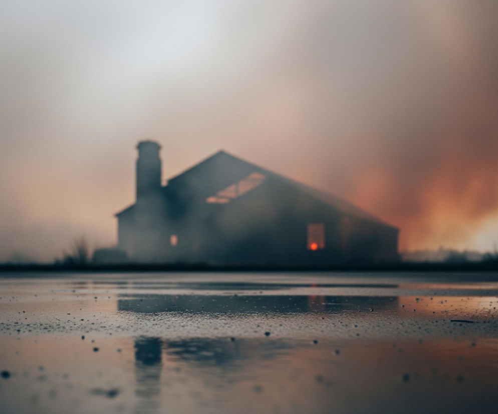 Na pierwszym planie widoczna jest mokra, odblaskowa powierzchnia pokryta licznymi kroplami wody, z efektem rozmycia. W tle znajduje się ciemna, niewyraźna sylwetka budynku z charakterystycznym kominem, z którego unoszą się kłęby ciemnego dymu o pomarańczowo-brązowym zabarwieniu, wypełniające prawą stronę nieba. Z okien budynku wydobywa się pomarańczowe światło, które wraz z dymem i mglistą, szaro-pomarańczową atmosferą nadaje scenie dramatyczny i niepokojący charakter. Całość utrzymana jest w ciemnej tonacji, z dominacją szarości, brązów i pomarańczy.