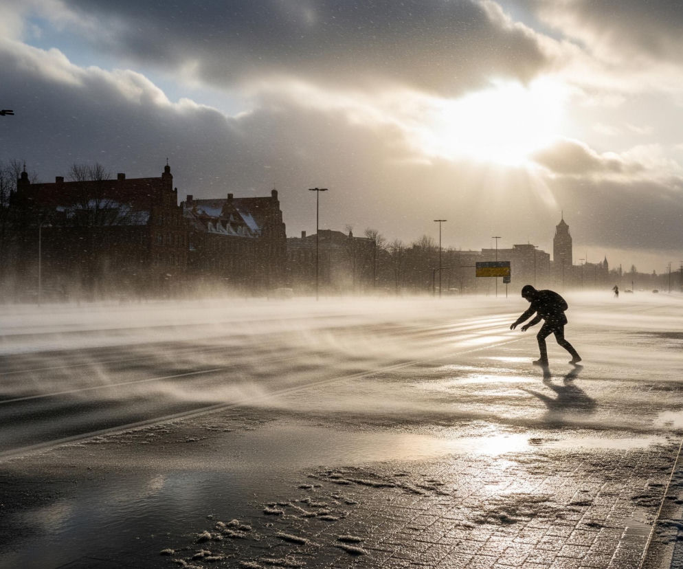 Sylwetka osoby w ciemnym ubraniu pochyla się do przodu, stawiając kroki na mokrej, pokrytej topniejącym śniegiem nawierzchni drogi. W tle rozciąga się miejski krajobraz z ciemnymi budynkami i licznymi latarniami ulicznymi, a nad nimi dominują ciężkie, burzowe chmury, przez które przebija się jaskrawe słońce, tworząc smugi światła. Prawa strona ulicy jest częściowo zasypana śniegiem, natomiast po lewej stronie drogi widoczne są szerokie pasy jezdni z wyraźnymi poziomymi liniami, na których unosi się mgła lub kłęby śniegu porywanego przez wiatr. Całość kompozycji oświetla zimne, lecz intensywne światło zimowego dnia, z przewagą odcieni błękitu, szarości i ciepłego złota tam, gdzie słońce przebija się przez chmury.