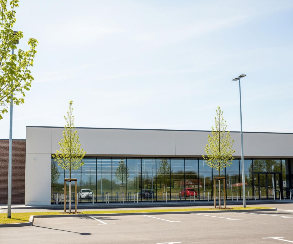 Przed budynkiem z dużymi, przeszklonymi oknami znajduje się pusty parking z szarych kostek brukowych, na którym widoczne są białe linie wyznaczające miejsca parkingowe. Wzdłuż fasady budynku rosną młode drzewka z jasnozielonymi liśćmi, niektóre z nich są podparte drewnianymi palikami. W tle widoczne jest czyste, błękitne niebo z delikatnymi białymi smugami chmur. Obok przeszklonego wejścia do budynku stoją rzędy wózków sklepowych oraz metalowe stojaki na rowery.