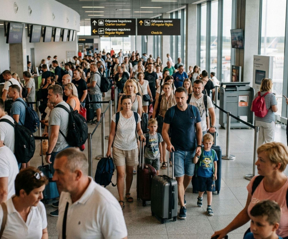 Tłum pasażerów z bagażami w terminalu Katowice Airport. O rekordowych wynikach lotniska przeczytasz na SE.