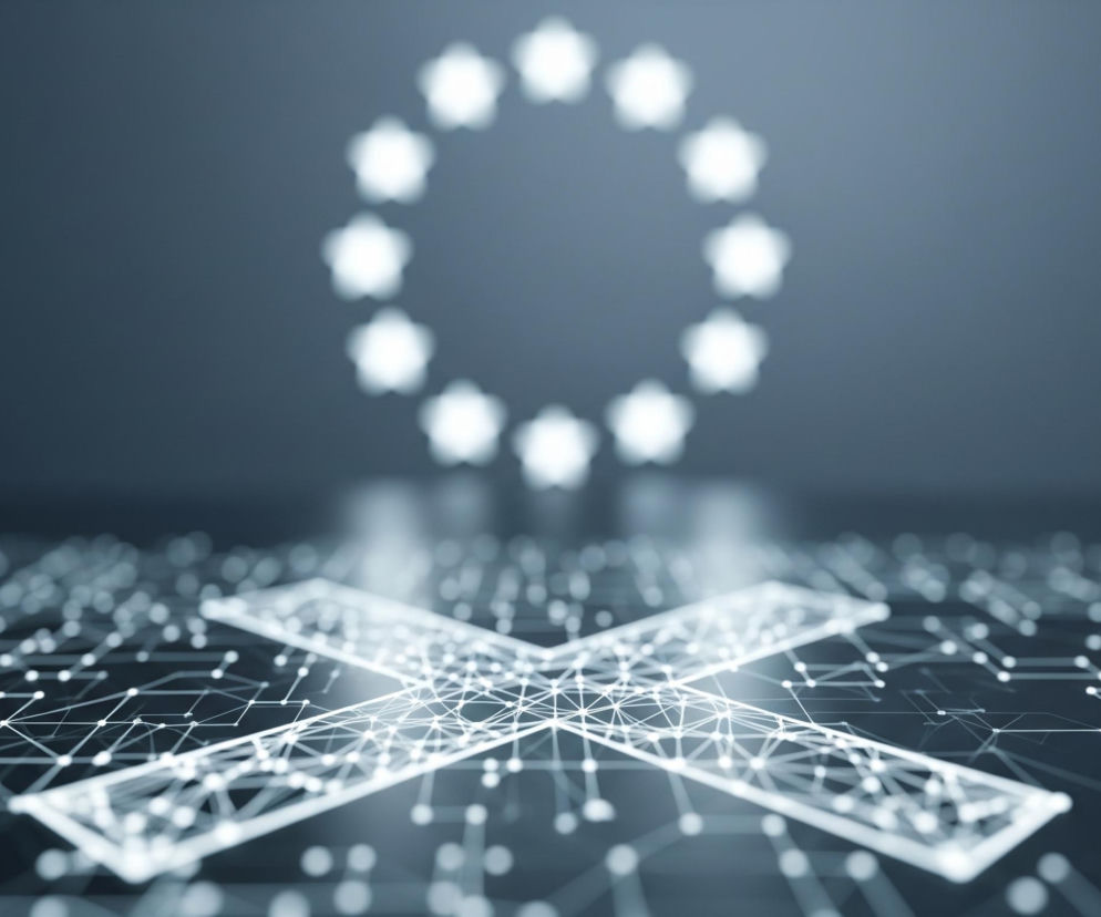 Na ciemnoszarym tle znajduje się rozbudowana, świecąca na biało struktura sieciowa z połączonych punktów i linii, tworząca na pierwszym planie duży symbol X. Linie i punkty sieci rozciągają się w głąb obrazu, stopniowo zanikając w rozmyciu. W oddali, na ciemnym tle, unosi się rozmyty okrąg złożony z dziesięciu świetlistych, pięcioramiennych gwiazd.