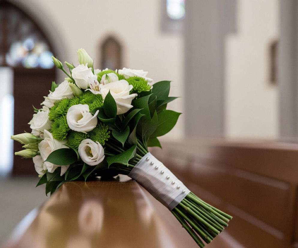 Na drewnianej ławce, w centralnej części zdjęcia, leży bukiet kwiatów. Składa się on z białych róż i eustom, zielonych chryzantem oraz soczyście zielonych liści. Łodygi bukietu są ciasno owinięte białą, błyszczącą wstążką, ozdobioną srebrnymi koralikami. Tło stanowi rozmyte wnętrze kościoła z widocznymi drewnianymi ławkami, jasnymi ścianami i architektonicznym łukiem w dali.