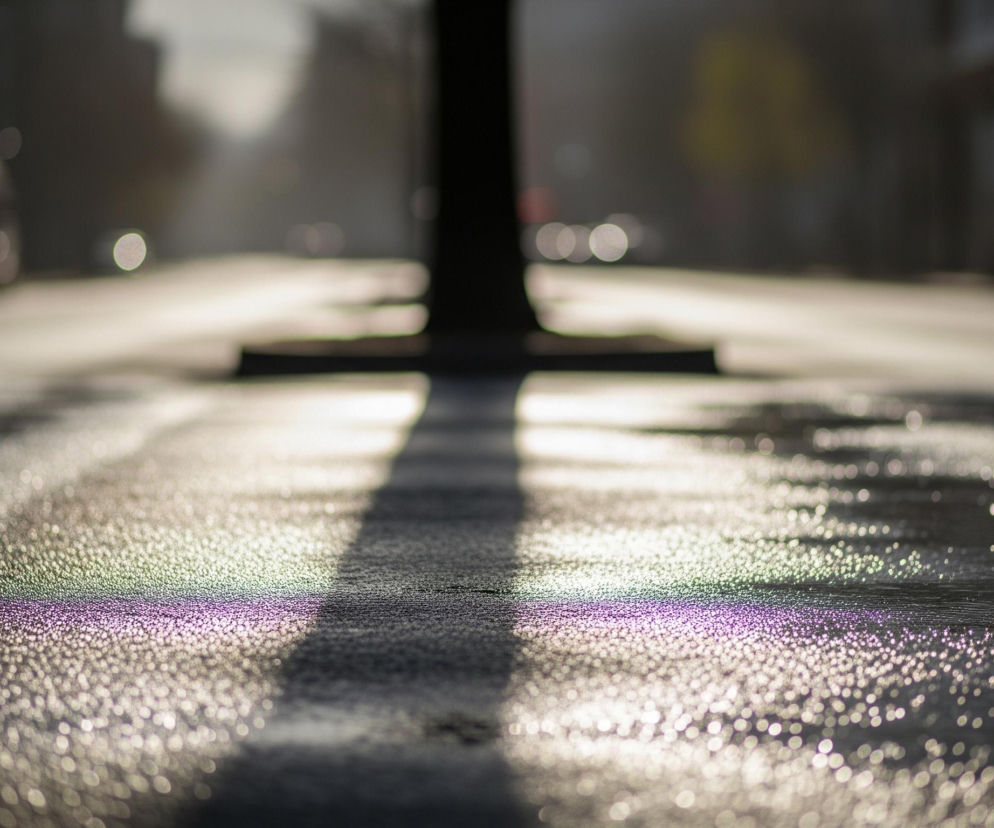 Ciemny, mokry asfalt jezdni pokryty jest tysiącami drobnych kropelek wody, które odbijają rozproszone światło, tworząc efekt bokeh. Przez środek jezdni biegnie ciemny pas, prawdopodobnie cień, przecinając również podłużny, wyraźny, cienki fioletowo-zielonkawy pasek. W tle, w oddali, widać niewyraźne zarysy pojazdów, z których jeden po lewej stronie posiada świecące, rozmazane światła: jedno niebieskie i trzy czerwone.