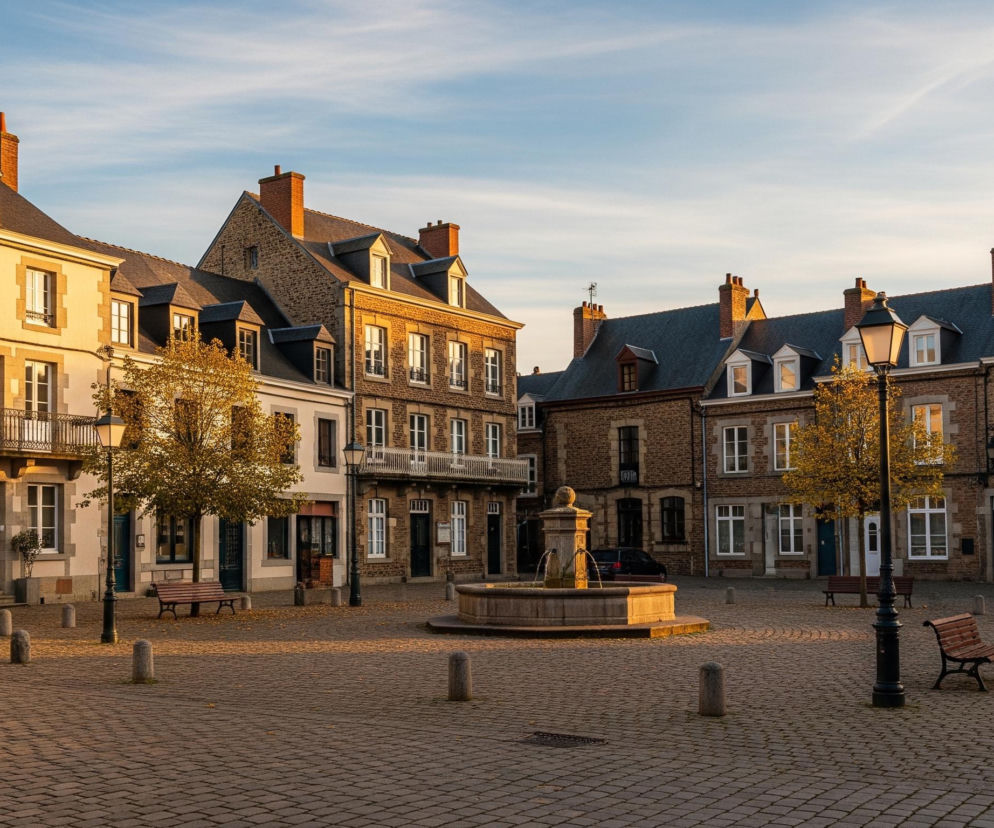 Rynek miejski z kamiennym brukiem otoczony jest kilkupiętrowymi budynkami mieszkalnymi o spadzistych dachach. Pośrodku placu stoi kamienna fontanna z tryskającą wodą, a wokół niej rozrzucone są kamienne słupki i drewniane ławki. Ciepłe, złote światło słoneczne pada na fasady budynków, rozświetlając ich okna i detale architektoniczne, kontrastując z zacienionymi fragmentami bruku. Nad rynkiem rozpościera się jasnoniebieskie niebo z delikatnymi białymi chmurami, a gdzieniegdzie widoczne są latarnie uliczne i drzewa z jesiennymi liśćmi.