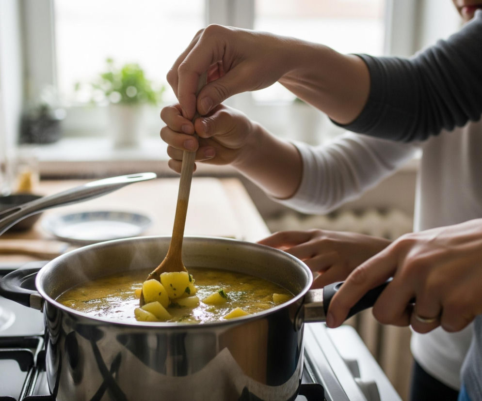 Para rąk miesza jasny, gęsty sos z kawałkami ziemniaków i zielonymi ziołami, znajdujący się w metalowym garnku na kuchence gazowej. Jeden człowiek ubrany w szary sweter trzyma garnek, a drugi, w białym rękawie, miesza potrawę drewnianą łyżką. Na lewo, częściowo widoczny jest większy, również metalowy garnek z pokrywką. W tle, przez okno wpada naturalne światło, rozjaśniając kuchnię.