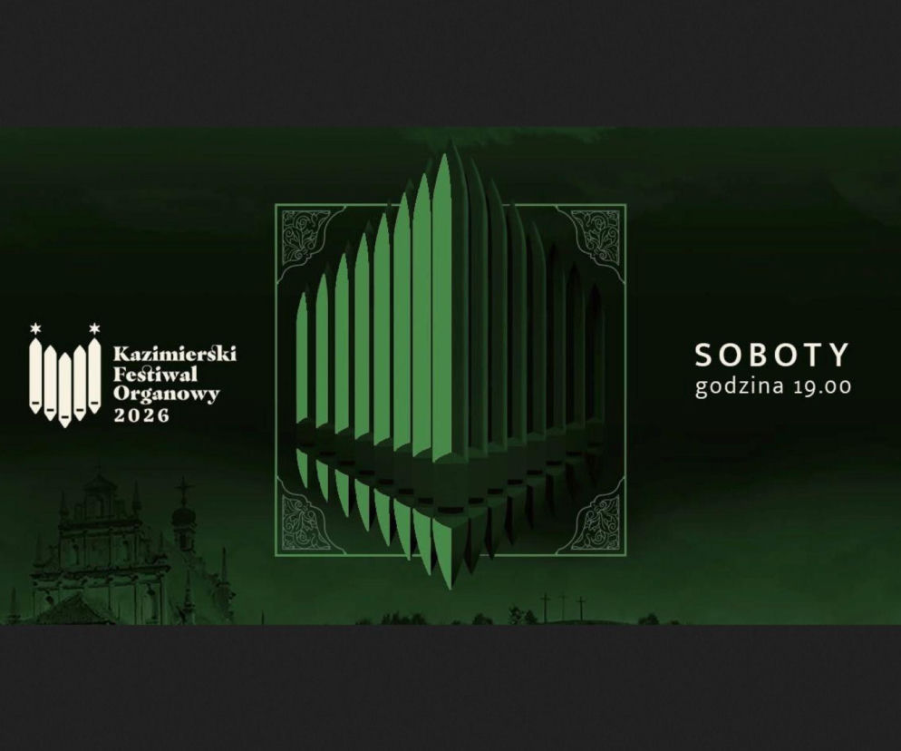 Plakat Kazimierskiego Festiwalu Organowego 2026 z grafiką piszczałek. O koncertach usłyszysz w Radioplus.