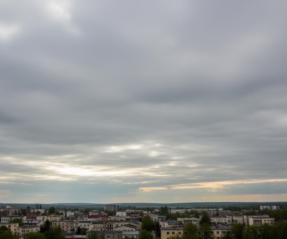 Górna część obrazu to pochmurne niebo, dominują szare chmury, miejscami rozjaśnione smugami jaśniejszego światła, szczególnie w dolnej części nieba, tuż nad horyzontem, gdzie światło przybiera lekko żółtawy odcień. Poniżej rozpościera się widok na rozległe miasto z licznymi budynkami mieszkalnymi o różnej wysokości, w odcieniach bieli, szarości i beżu. Dachy budynków są ciemne, a pomiędzy zabudową widoczne są liczne drzewa o zielonym listowiu, tworzące mniejsze i większe skupiska zieleni. W tle, na horyzoncie, rozciąga się ciemny pas lasu, a za nim rysują się delikatne, jaśniejsze zarysy odległych pól lub nieba.