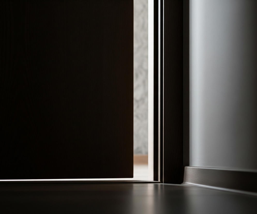 W kadrze dominuje częściowo uchylone ciemne skrzydło drzwiowe, zajmujące lewą i środkową część obrazu. Spomiędzy ciemnych drzwi a futryny po prawej stronie widać wąską, pionową smugę jasnego światła, ujawniającą fragment pomieszczenia za drzwiami. Podłoga w pomieszczeniu, z którego otwierają się drzwi, jest ciemna i odbija światło, tworząc refleksy, natomiast za drzwiami widać jasną podłogę. Po prawej stronie kadru, na ścianie, znajduje się ciemna listwa przypodłogowa.