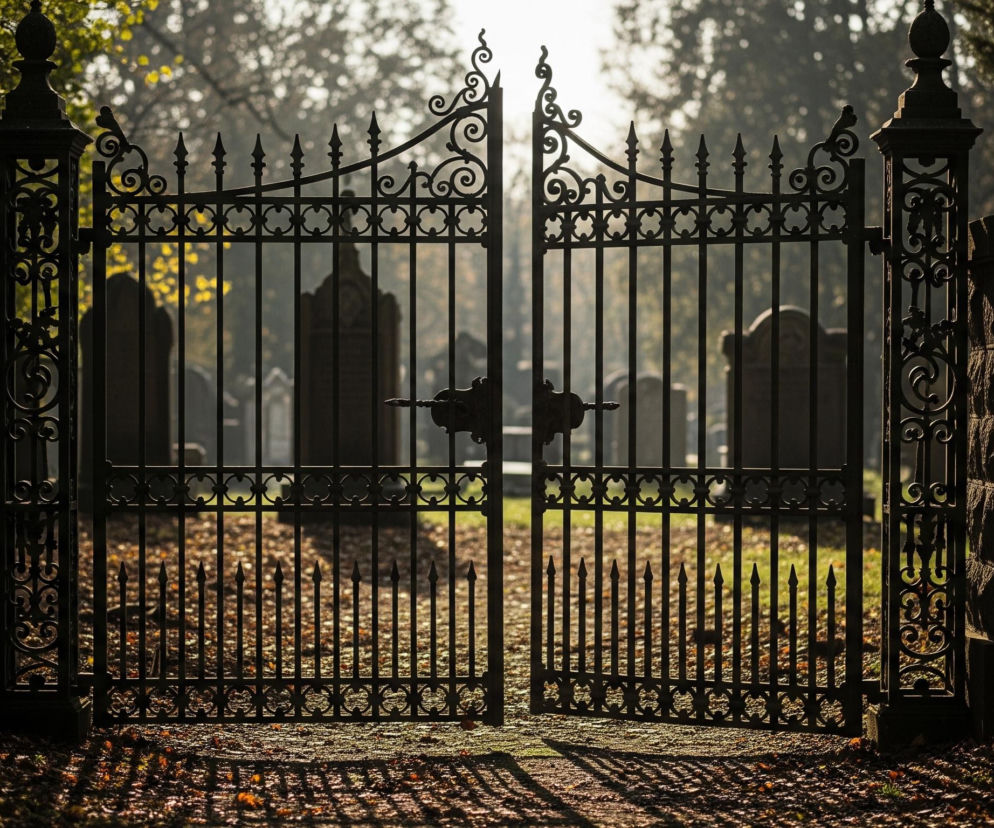 Centralną część obrazu zajmuje otwarta, dwuskrzydłowa, ciemna, kuta brama z ozdobnymi elementami, takimi jak spirale i szpiczaste zakończenia, osadzona między dwoma masywnymi, kamiennymi słupami. Po drugiej stronie bramy rozpościera się widok na cmentarz z szeregiem niewyraźnych, szarych nagrobków i starych drzew, z których część ma jeszcze jasnozielone liście, a promienie słońca prześwitują przez mglistą atmosferę, tworząc jasną poświatę w tle. Na pierwszym planie, u stóp bramy, leży warstwa opadłych, brązowych liści, a na ziemi widoczne są cienie rzucane przez bramę, tworzące wzorzyste plamy światła i cienia. Po lewej stronie bramy widać ciemne, gęste krzewy, a po prawej fragment kamiennego muru, który jest również w cieniu.