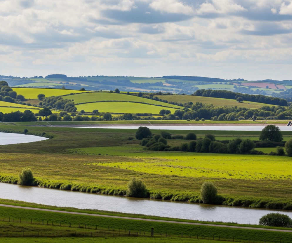 Krajobraz wiejski z rzeką, zielonymi polami i wzgórzami pod częściowo zachmurzonym niebem. Na pierwszym planie, w dolnej części obrazu, znajduje się wąska, szara droga biegnąca wzdłuż brzegu rzeki, która meandruje przez zielone, trawiaste tereny. Po prawej stronie rzeki widoczne są krzewy i drzewa, a dalej rozciągają się intensywnie zielone pola, przechodzące w oddali w falujące wzgórza z lasami i uprawami o różnych odcieniach zieleni i brązu. Horyzont wyznaczają ciemniejsze pasma wzgórz, a nad całością rozciąga się niebo z białymi, puszystymi chmurami na jasnoniebieskim tle.