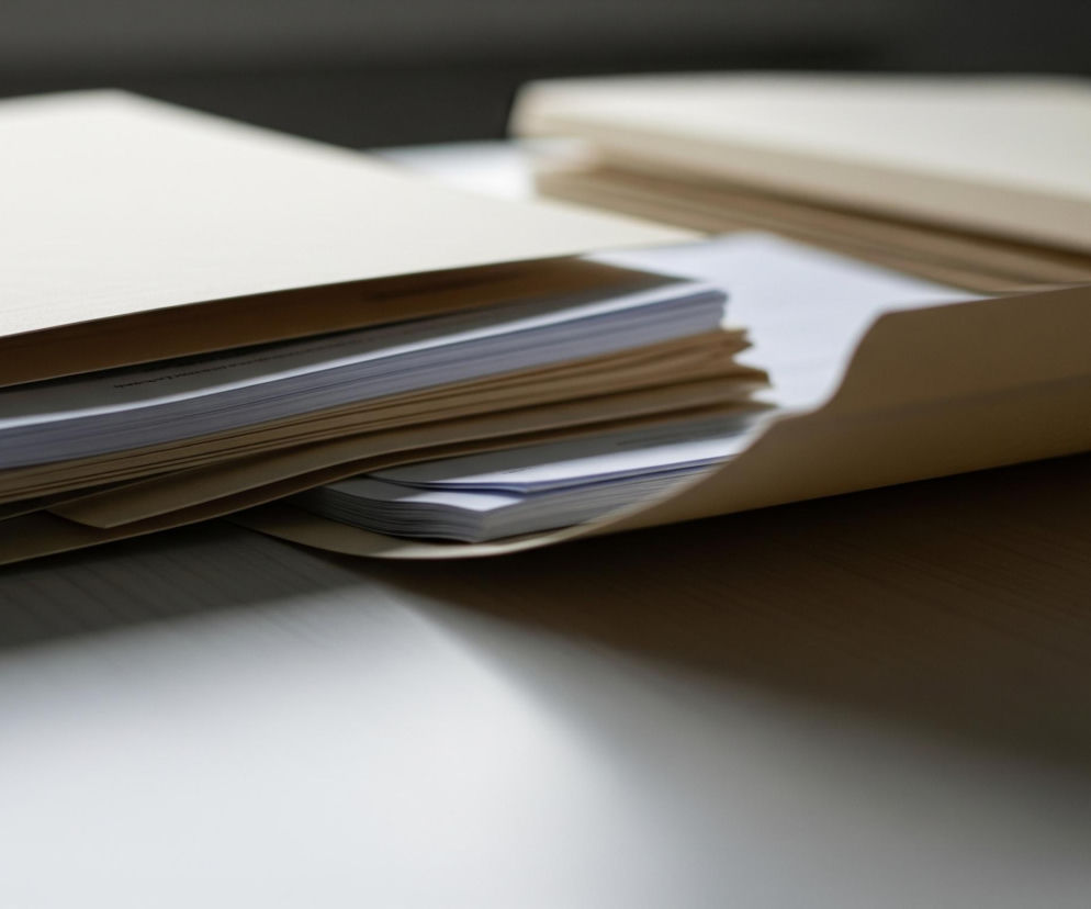 Dwa otwarte teczki biurowe w kolorze beżowym leżą na białej powierzchni, jedna z przodu po lewej, a druga w tle po prawej stronie. Przednia teczka zawiera stos białych kartek papieru, z których niektóre są puste, a inne częściowo pokryte tekstem w kolorze czarnym lub niebieskim. W tle widać kolejną, mniej wyraźną teczkę, również otwartą. Całość jest oświetlona, a światło pada od lewej strony, tworząc cienie pod teczkami.