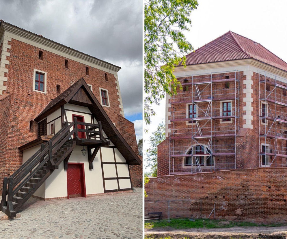 Zamek w Gołańczy przed i po rewitalizacji. Na zdjęciu po lewej widać odrestaurowaną wieżę z przybudówką, a po prawej wieżę w rusztowaniach. Więcej o renowacji historycznej warowni przeczytasz na Architektura Murator Plus.
