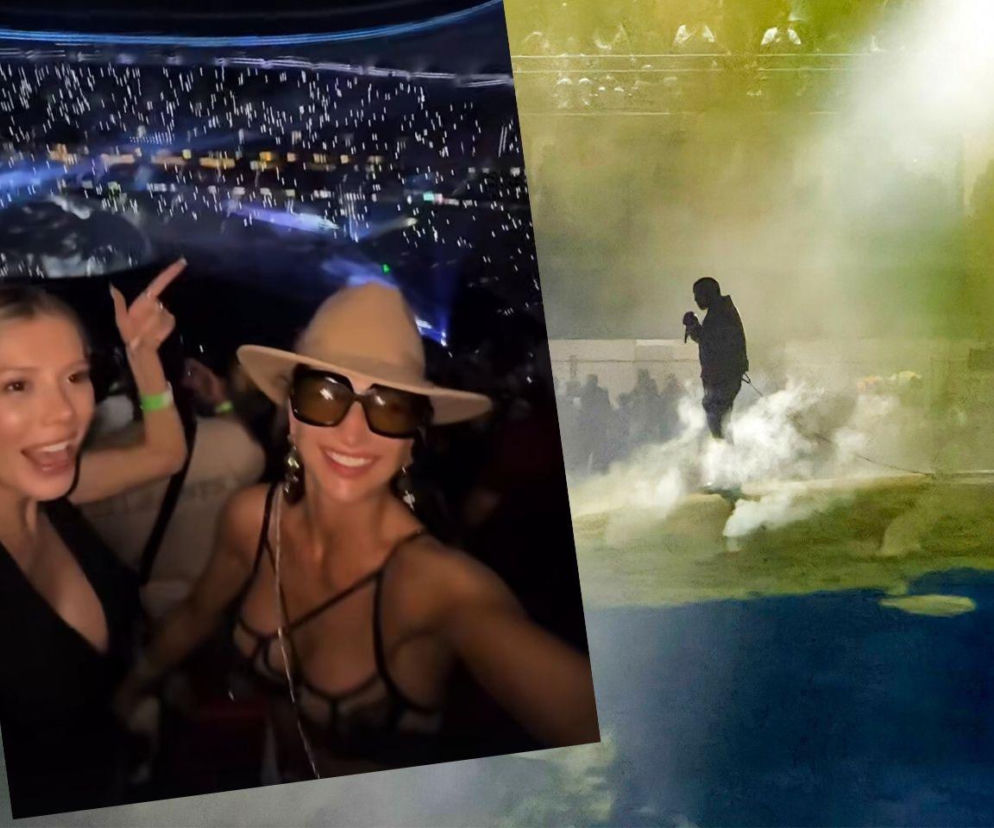 Sylwetka Kanye Westa na scenie w dymie. Na wstawce uśmiechnięta Justyna Steczkowska. O koncercie przeczytasz w Eska.