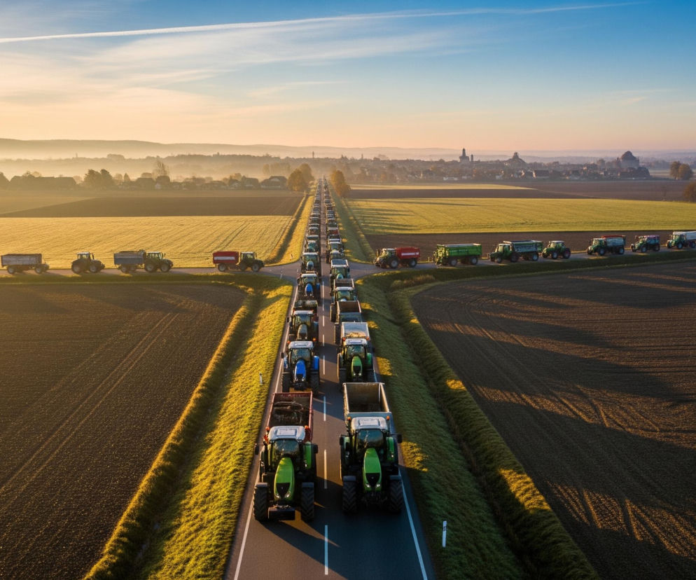 Długa kolumna ciągników z przyczepami rozciąga się wzdłuż asfaltowej drogi, która przecina rozległe pola uprawne, w ujęciu z lotu ptaka. Droga biegnie od pierwszego planu w kierunku horyzontu, gdzie słońce nisko na niebie barwi horyzont na złociste i pomarańczowe odcienie. Po obu stronach drogi rozciągają się pola, niektóre pokryte zieloną roślinnością, inne spulchnioną ziemią, z widocznymi cieniami rzucanymi przez ciągniki. Na horyzoncie, w oddali, rysuje się zarys małego miasteczka z charakterystycznymi budynkami i drzewami, otulonego lekką mgłą.