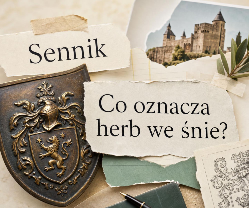 Ozdobny herb z lwem obok kartek z napisami. Na miniaturze stary zamek. O znaczeniu snu o herbie przeczytasz na SE.