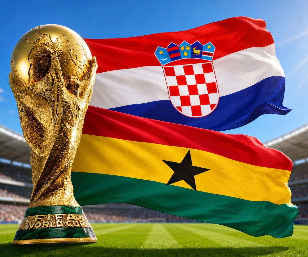 Puchar Świata FIFA na tle powiewających flag Chorwacji i Ghany na stadionie piłkarskim, symbolizujący mecz Mundialu 2026. Pełne statystyki i składy drużyn znajdziesz na naszym portalu.