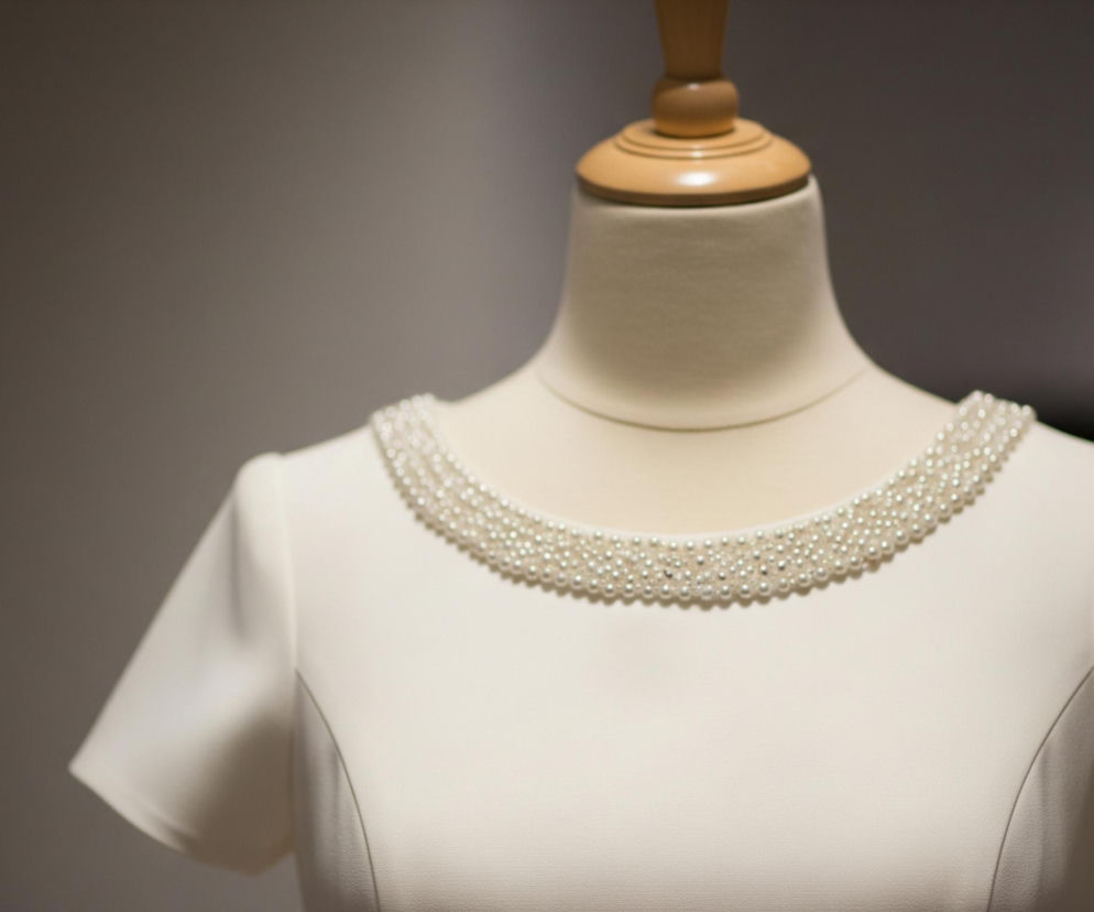 Na pierwszym planie widoczny jest beżowy tors manekina, na którym założona jest kremowa sukienka z krótkim rękawem. Dekolt sukienki ozdobiony jest kilkoma rzędami małych, białych perełek, tworzących naszyjnik. W górnej części kadru widoczna jest drewniana podstawa manekina w ciepłym, brązowym kolorze. Tło jest rozmyte, w odcieniach szarości, z ciemniejszymi partiami po lewej stronie.