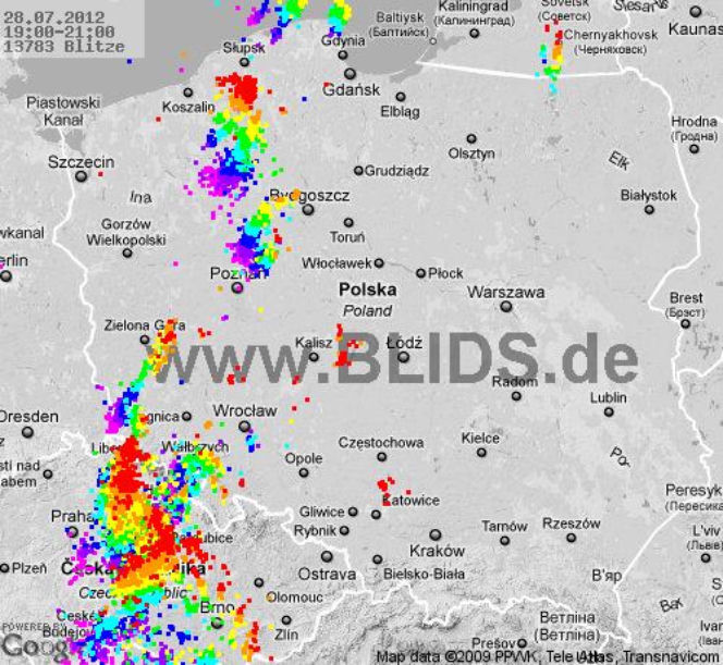 Burze w Polsce, 28.07.2012 - MAPA z godz. 19-21