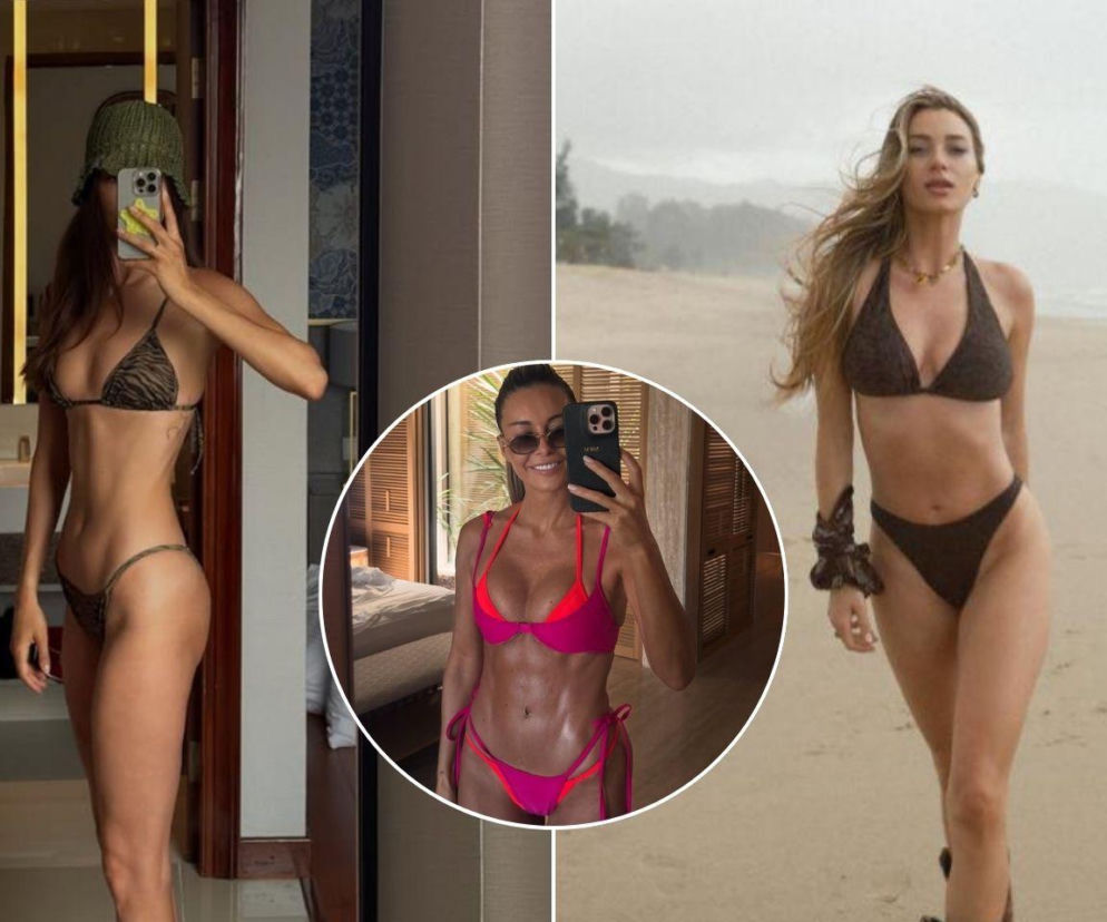Trzy gwiazdy show-biznesu w kusych bikini, prezentujące smukłe sylwetki. Marcelina Zawadzka w kapeluszu robi selfie w lustrze, Małgorzata Rozenek-Majdan w okularach także w lustrze, a Izabella Krzan pozuje na plaży. O ich wakacyjnych stylizacjach przeczytasz na naszym portalu.