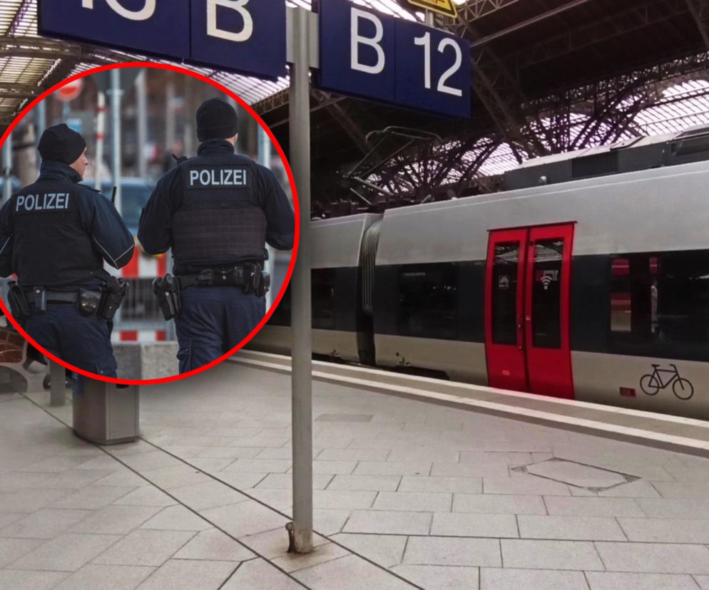Stojący na peronie pociąg pasażerski. Na miniaturze obok dwaj policjanci. O paraliżu kolei w Niemczech przeczytasz w Eska.