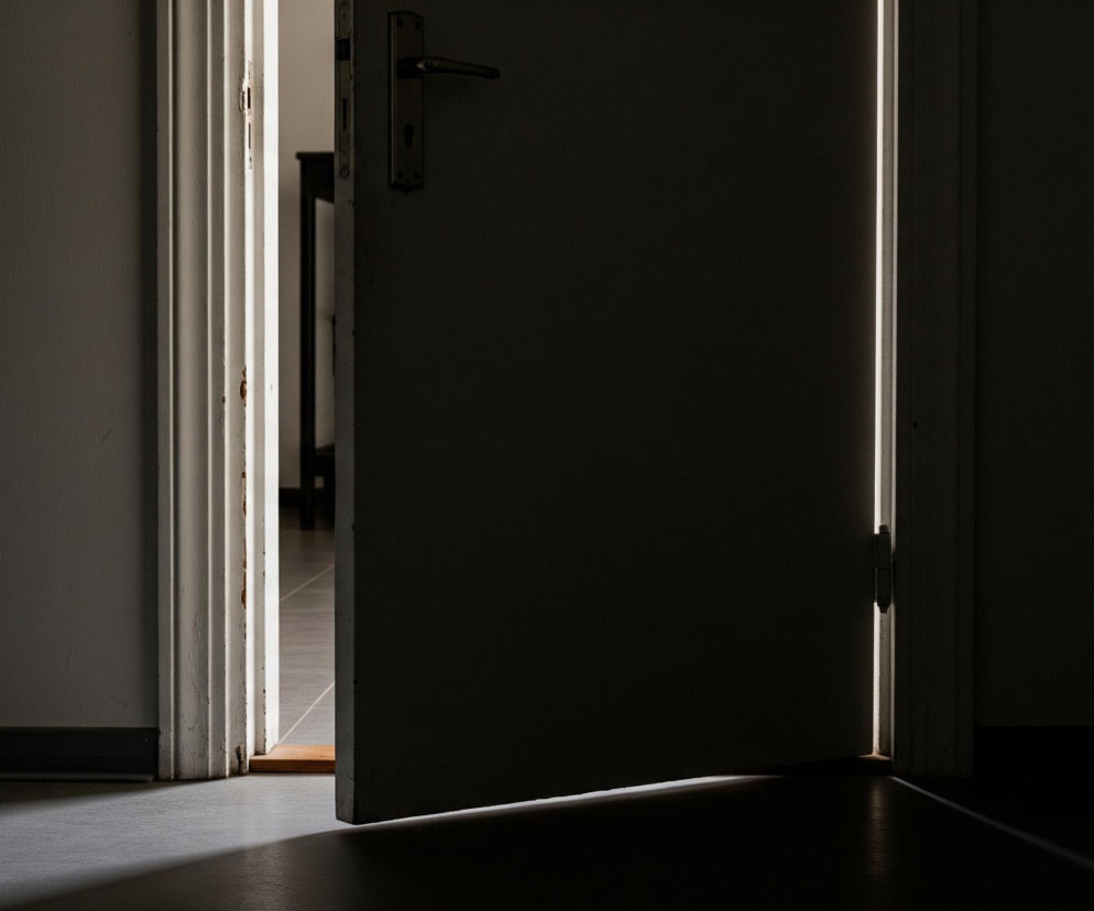 Otwarte drzwi lekko uchylają się na ciemnym tle, z widoczną częścią klamki i zamka. Zza drzwi do wnętrza wpada intensywne, jasne światło, tworząc długie, ukośne cienie na podłodze i oświetlając wewnętrzną krawędź futryny. Jasne światło ujawnia również fragment wnętrza pomieszczenia za drzwiami, gdzie widoczna jest jasna podłoga i zarys mebla w oddali.