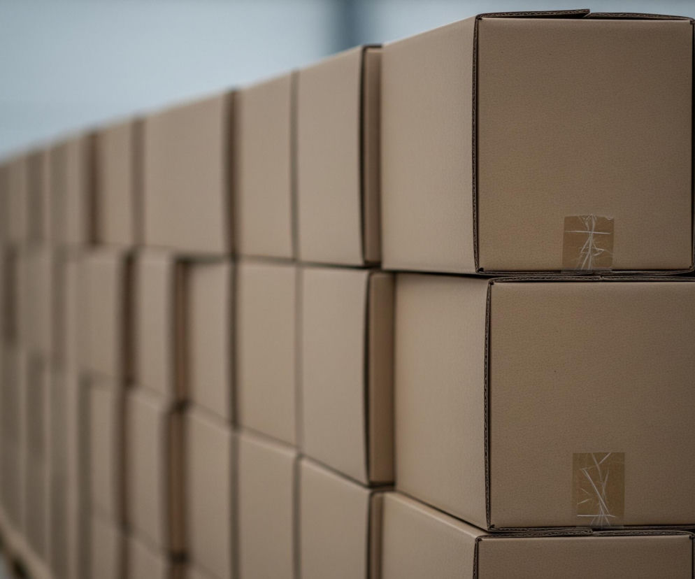 Szereg kartonowych pudeł ustawiony jest w kilku rzędach, rozciągając się w głąb obrazu. Pudełka mają jednolity, brązowy kolor kartonu i są zaklejone przezroczystą taśmą klejącą, widoczną jako lekko pomarszczone prostokąty na ich powierzchniach, szczególnie na tych bliżej aparatu. Tło jest rozmyte, jaśniejsze i szarawe, z ciemniejszym akcentem w lewej, dolnej części.