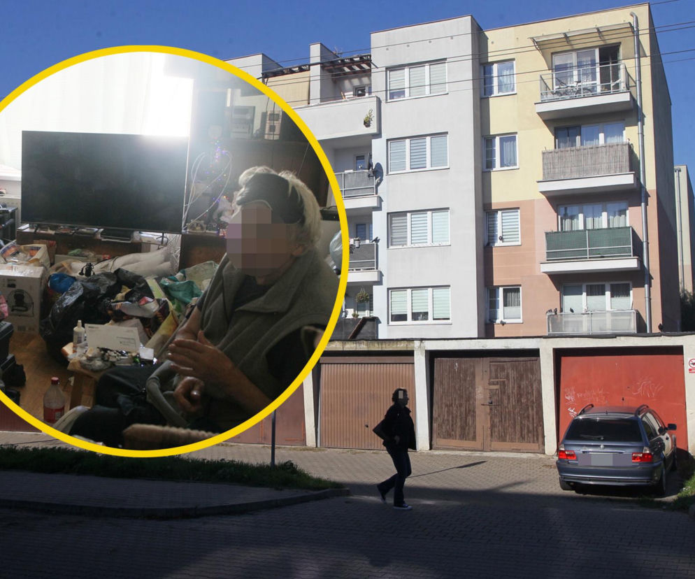 Blok przy Szancera 5 w Ursusie. Na miniaturze starszy pan w zagraconym mieszkaniu. O pladze prusaków przeczytasz w Eska Warszawa.