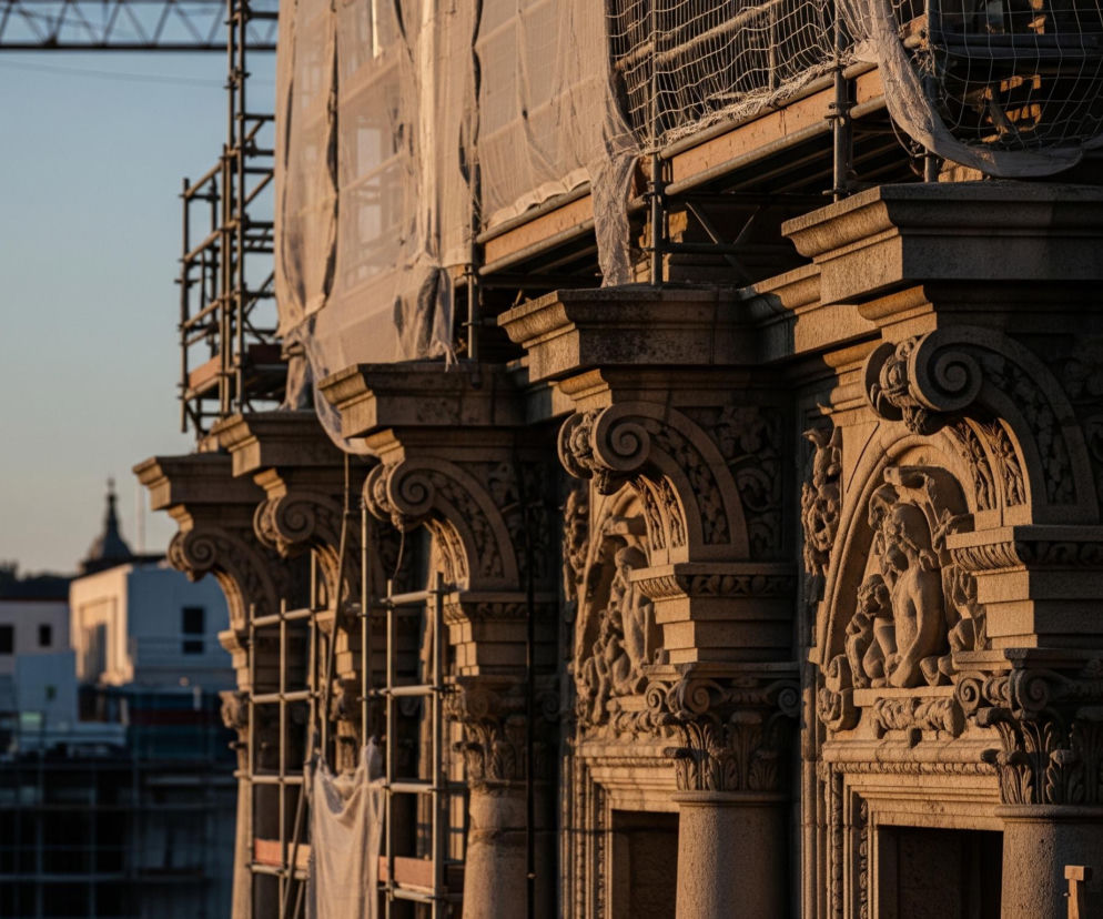 Na pierwszym planie widoczny jest fragment zabytkowej fasady budynku, wykonanej z jasnego kamienia o ciepłym, beżowo-pomarańczowym odcieniu, wynikającym z promieni zachodzącego słońca. Fasada charakteryzuje się bogatymi zdobieniami architektonicznymi, w tym kolumnami z kapitelami w stylu korynckim oraz rzeźbionymi płaskorzeźbami przedstawiającymi postaci. Budynek jest częściowo osłonięty rusztowaniami, na których zawieszone są białe siatki ochronne. W tle, pod jasnym niebem, majaczą sylwetki innych budynków oraz fragment żółtego dźwigu budowlanego.