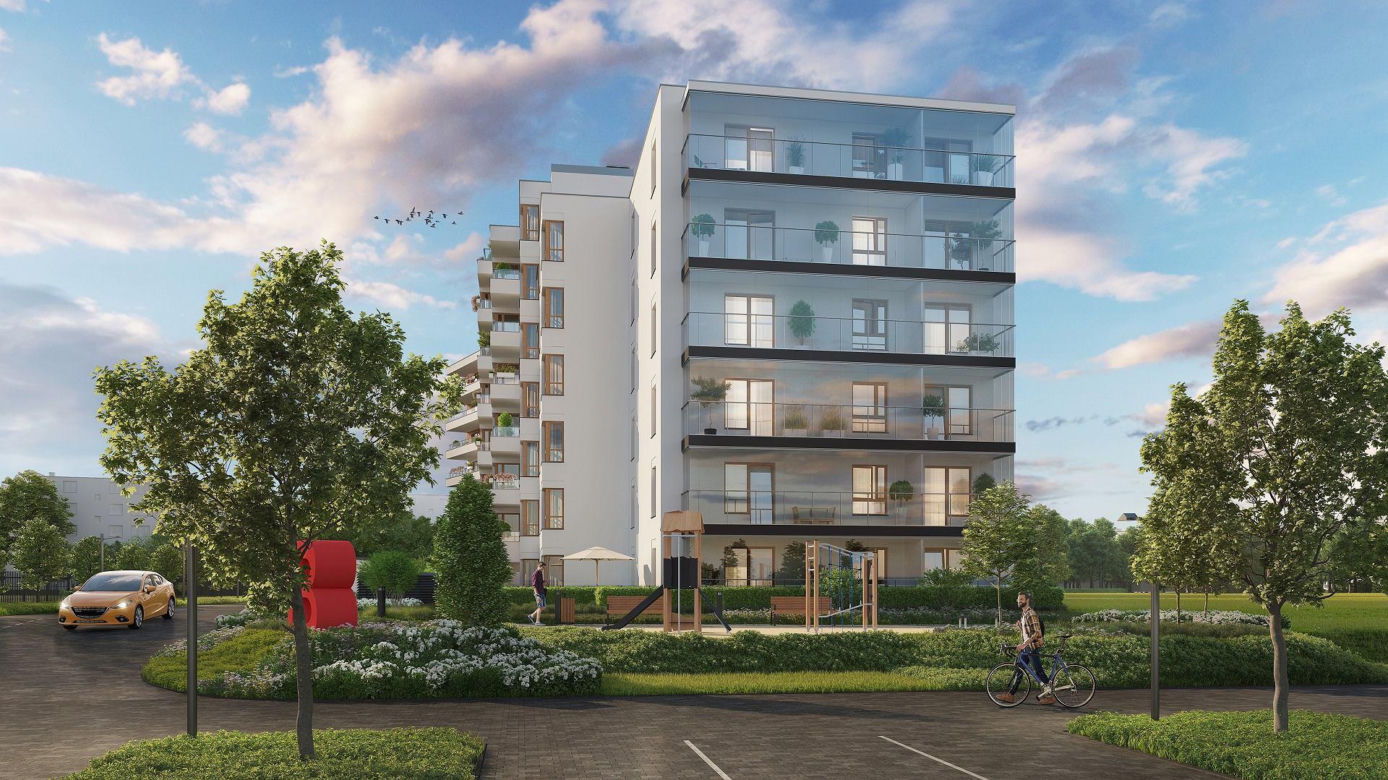Apartamenty Literacka od Dom Development – widok od miejsc parkingowych
