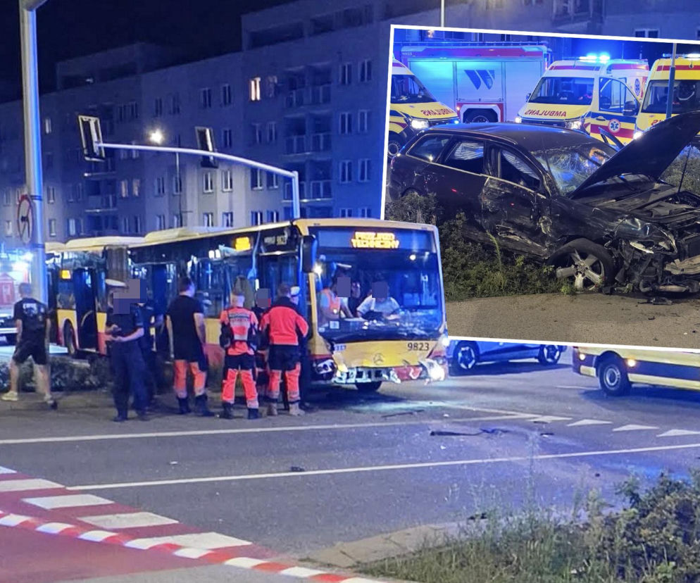 Zderzenie z miejskim autobusem na Ursynowie. Rozbite audi zjechało na trawnik