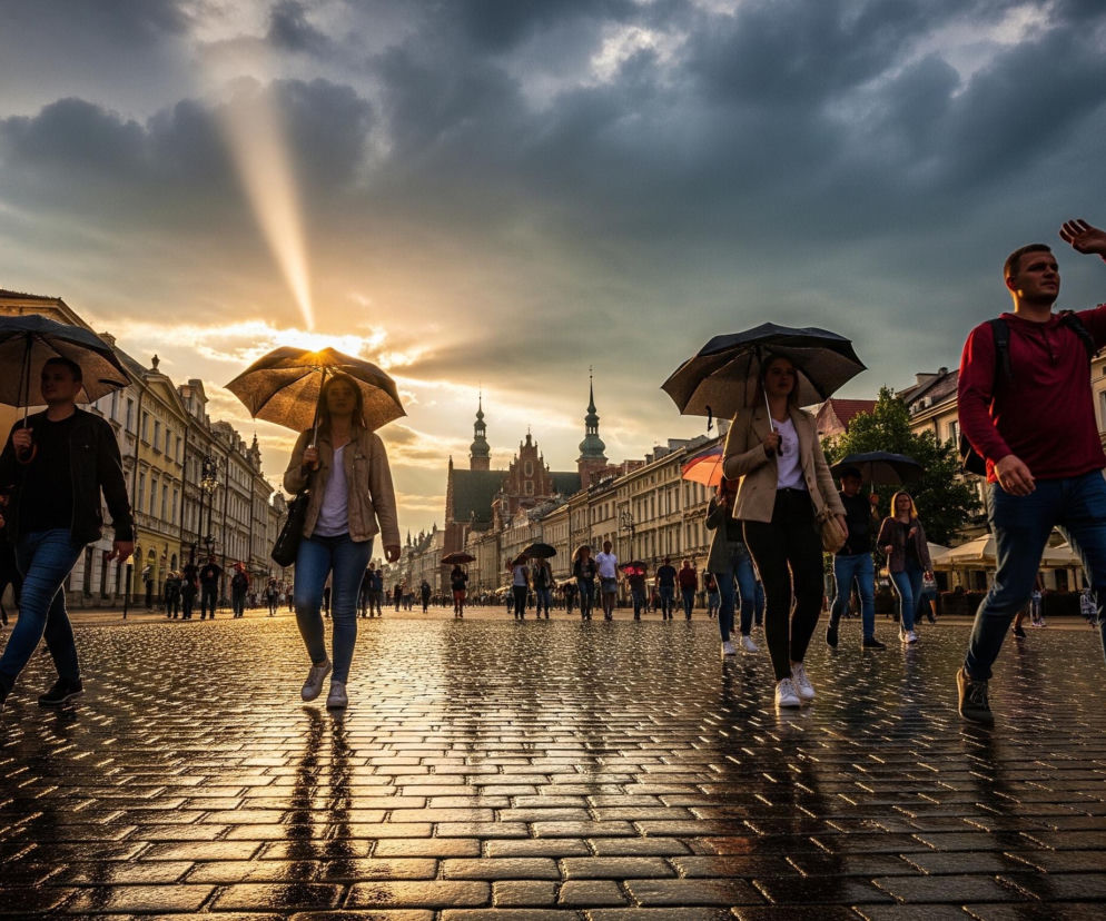 Ulicę wyłożoną mokrą kostką brukową, oświetloną niskim, złotym słońcem przebijającym się przez ciemne chmury. W centralnej części obrazu, na pierwszym planie, widać wiele postaci idących w różnych kierunkach, z których kilka ma otwarte parasole, chroniąc się przed słońcem lub deszczem. Po obu stronach ulicy stoją rzędy starych, wysokich budynków w jasnych kolorach, tworząc tło dla przechodniów. W tle, na horyzoncie, widoczne są wieże i dachy kolejnych budowli, a nad nimi rozciąga się zachmurzone niebo z wyraźnym promieniem światła słonecznego.