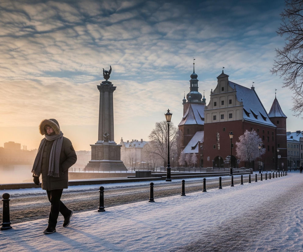 Mężczyzna w ciemnej kurtce z futrzanym kapturem i szarym szaliku idzie po zaśnieżonym chodniku w kierunku centrum kadru. Po lewej stronie widać rzekę pokrytą mgłą, nad którą wschodzi słońce, malując niebo na pomarańczowo-żółty kolor przechodzący w błękit. W tle, za rzeką, znajdują się zarysy budynków, a po prawej stronie kadru widoczne są zabytkowe budowle z czerwonej cegły z zaśnieżonymi dachami, oraz wysoki pomnik z figurą na szczycie. Cały chodnik i dachy budynków pokryte są świeżym śniegiem, a po prawej stronie zdjęcia stoją nagie drzewa.