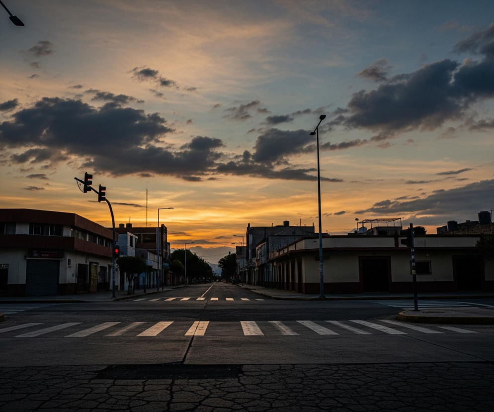 Ulicę miejską o zmierzchu lub wczesnym ranku, z pustym skrzyżowaniem na pierwszym planie, oświetlonym pomarańczowo-żółtą poświatą zachodzącego lub wschodzącego słońca na horyzoncie. Niebo jest pokryte warstwowymi chmurami w odcieniach szarości, różu i błękitu, z jaśniejszym, ciepłym blaskiem u dołu. Po obu stronach ulicy widoczne są dwu- lub trzypiętrowe budynki o ciemnych fasadach, a także latarnie uliczne i sygnalizatory świetlne.
