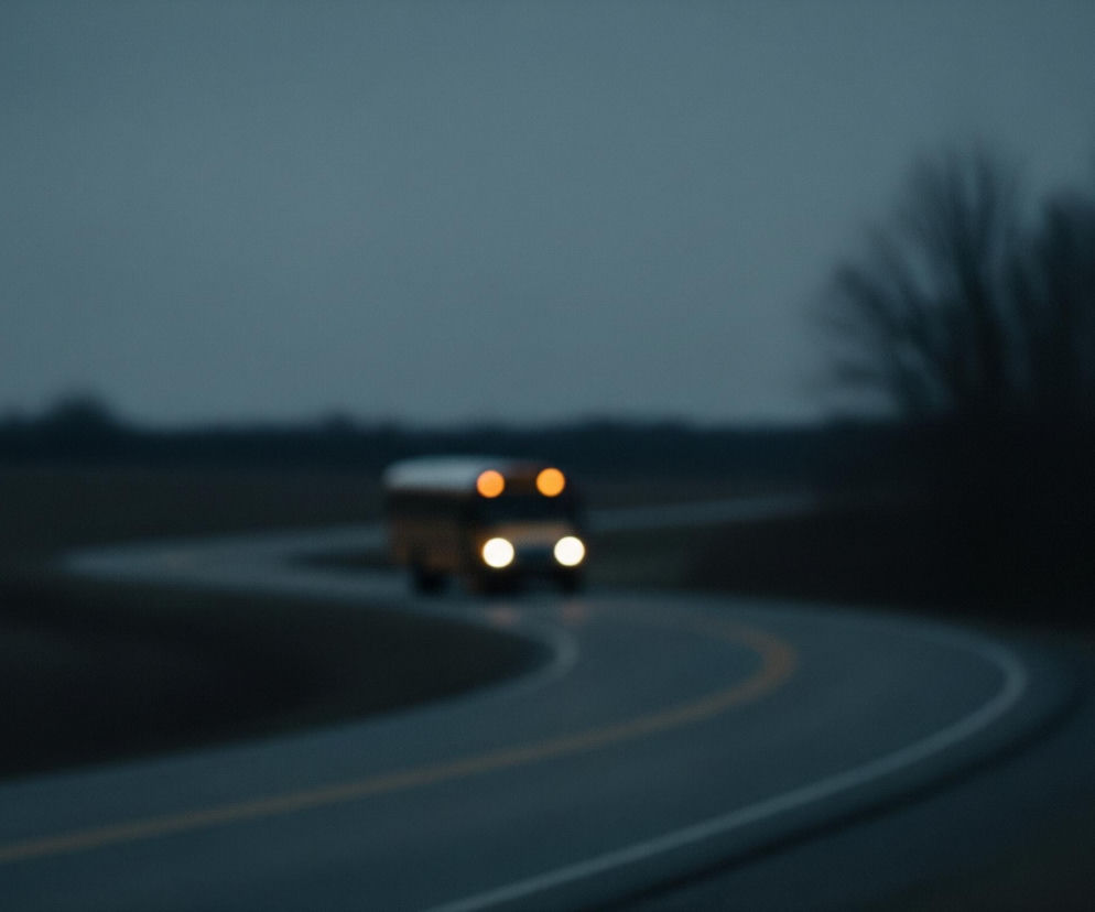 Żółty autobus szkolny z włączonymi światłami przednimi i dwoma pomarańczowymi światłami na dachu pojawia się w oddali na wijącej się drodze. Asfaltowa droga ze zrytą, pojedynczą żółtą linią środkową zakręca od prawej dolnej części obrazu w lewą górną, prowadząc wzrok w kierunku autobusu. Całe tło, łącznie z horyzontem i drzewami, jest rozmyte, co nadaje zdjęciu atmosferę zmierzchu lub świtu.