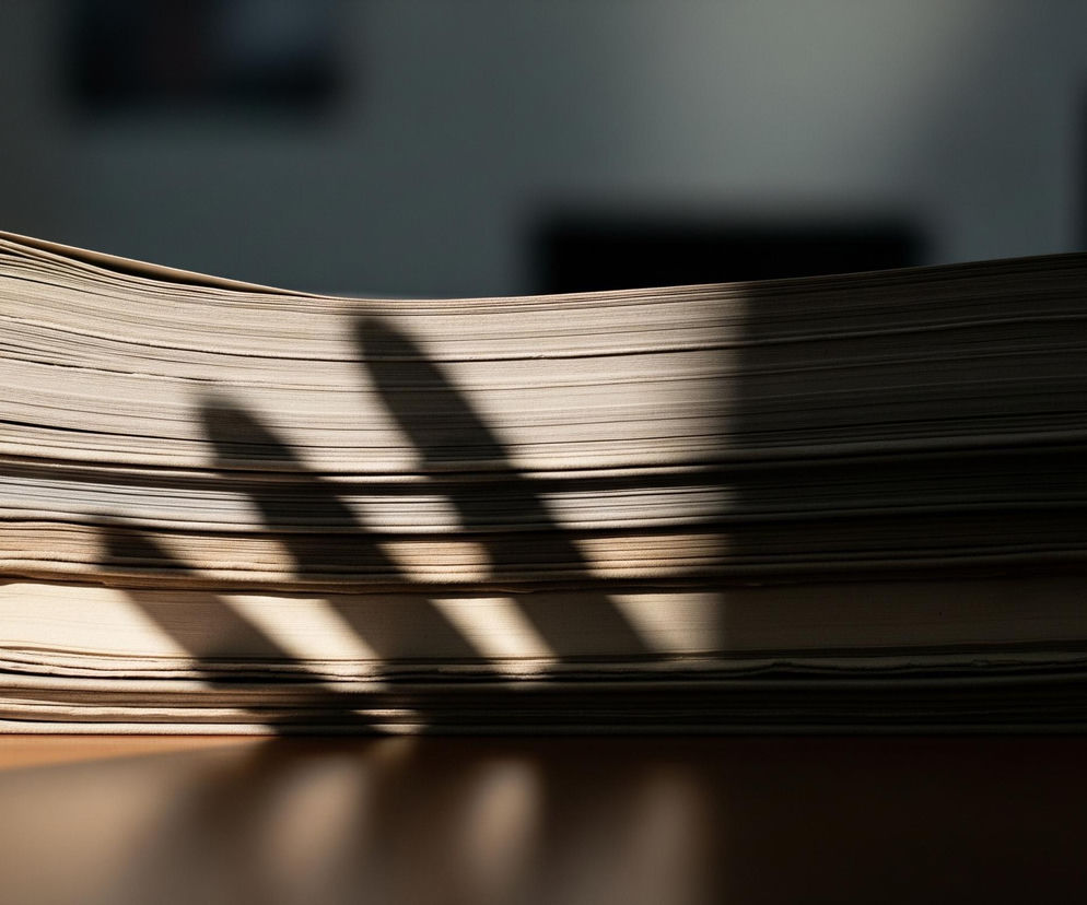 Na brązowym, lśniącym blacie stołu leży stos papierów lub zeszytów, o nierównych krawędziach, tworzących falisty kształt z wierzchu. Stos jest częściowo oświetlony ukośnymi pasmami światła, które rzucają na niego podłużne cienie. W tle widoczny jest ciemny, rozmyty obszar, prawdopodobnie ściana lub dalsza część pomieszczenia, z jaśniejszym, prostokątnym kształtem po lewej stronie u góry.