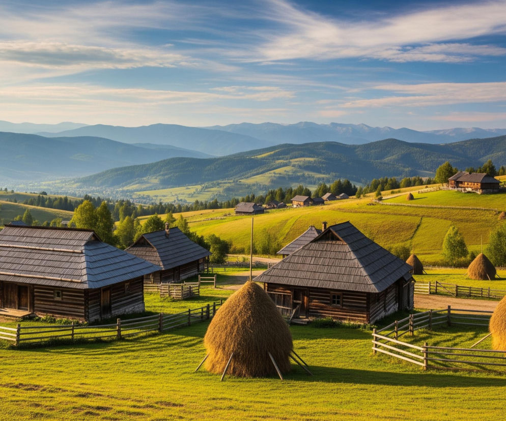 Głównymi elementami zdjęcia są tradycyjne drewniane chaty z ciemnymi, spadzistymi dachami, rozsiane po zielonych wzgórzach. Pomiędzy domami widać liczne stogi siana w kształcie kopców, a wokół nich drewniane płoty. W tle rozciągają się kolejne zielone wzgórza, stopniowo przechodzące w błękitne pasma górskie, ginące w oddali pod jasnym, lekko zachmurzonym niebem. Całość jest skąpana w ciepłym, złocistym świetle, tworzącym długie cienie na trawiastych zboczach.