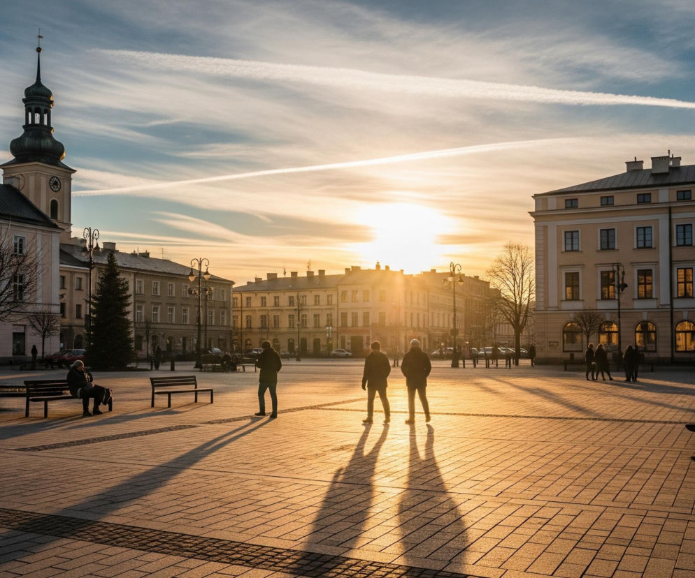 Centralny kadr zajmuje duży, brukowany plac, oświetlony nisko zawieszonym słońcem, którego intensywne, żółto-pomarańczowe światło tworzy długie cienie rzucane przez przechodniów i ławki. Po lewej stronie dominuje jasna, klasyczna fasada budynku z wysoką wieżą zegarową zwieńczoną ostrym hełmem i kulą z wiatrowskazem, obok której widoczna jest zielona choinka. Po prawej stronie placu widać rzędy starszych budynków o żółtawych fasadach i ciemnych dachach, z oknami odbijającymi zachodzące słońce, a w tle rozciąga się niebo o stopniowo zmieniającym się odcieniu od pomarańczowego przy horyzoncie do błękitnego u góry, z kilkoma cienkimi, białymi smugami chmur.