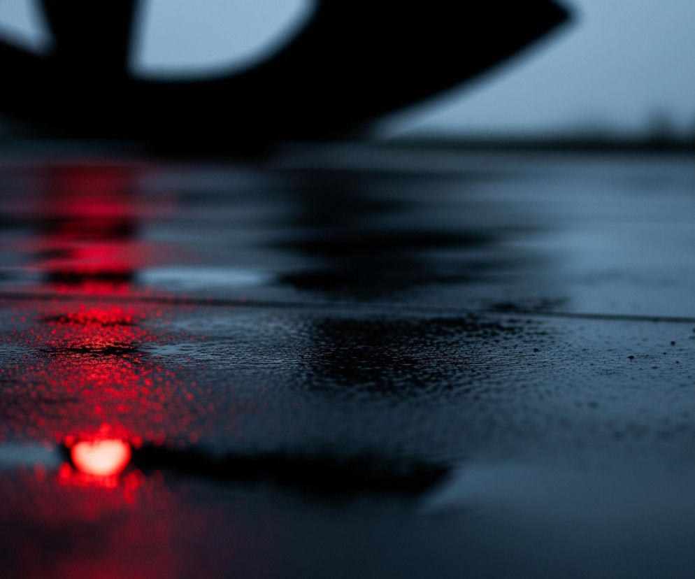 Mokre, ciemne podłoże pokryte kroplami wody dominuje dolną połowę obrazu, odzwierciedlając intensywnie czerwone światło. Światło to, rozproszone na powierzchni, tworzy wydłużone, nieregularne refleksy w tonach czerwieni i pomarańczy. W tle, częściowo niewyraźny, widać duży, ciemny kształt, przypominający zarys litery lub abstrakcyjnej formy, rzucający swój cień na wilgotną powierzchnię.