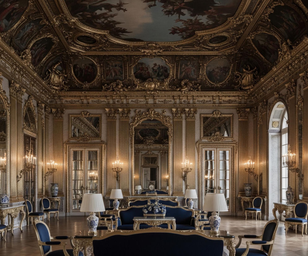 Bogato zdobiona, symetryczna sala prezentuje przepych z dominującym złotem i ciemnoniebieskimi akcentami. Sufit zdobią malowidła nieba i postaci, otoczone złoconymi sztukateriami, które przechodzą w złote kolumny i ramy luster na ścianach. Liczne lustra odbijają blask świeczników, oświetlających wnętrze ciepłym, żółtym światłem. Na polerowanej drewnianej podłodze rozmieszczone są zestawy mebli z ciemnoniebieską tapicerką i złotymi ramami, w tym kanapy, fotele i stoliki, a także kilka lamp stołowych z plisowanymi białymi abażurami i ceramicznymi podstawami w biało-niebieskie wzory.