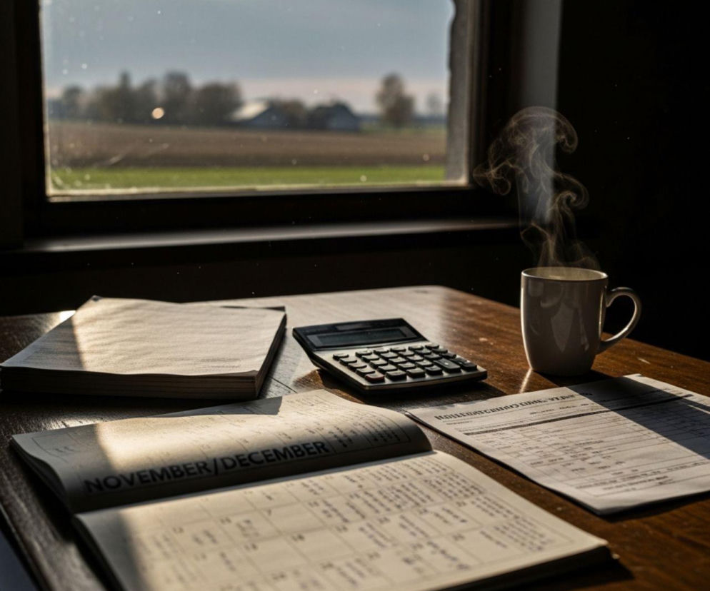 Biurko rolnika z otwartym kalendarzem na listopad/grudzień, kalkulatorem i dokumentami. Na parapecie za oknem rozciąga się wiejski krajobraz. Zdjęcie symbolizuje ważne terminy finansowe i formalności, o których przeczytasz na portalu Super Biznes.