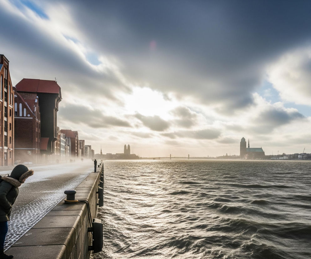 Osoba w ciemnozielonej kurtce z futrzanym kapturem, z czarnym plecakiem na plecach, idzie po chodniku pokrytym częściowo śniegiem, odwrócona bokiem do obiektywu, z głową pochyloną w dół. Po lewej stronie wzdłuż nabrzeża stoją ceglane budynki z czerwonymi dachami, a między nimi widoczna jest delikatna mgiełka. Po prawej rozciąga się szeroka rzeka z pofalowaną, ciemną wodą, której powierzchnia odbija jasne światło z zachmurzonego nieba. Na horyzoncie, po drugiej stronie rzeki, zarysowują się sylwetki miejskie z mostem i dwoma dużymi budynkami z wieżami, przypominającymi kościoły, oświetlonymi promieniami słońca przebijającymi się przez chmury.