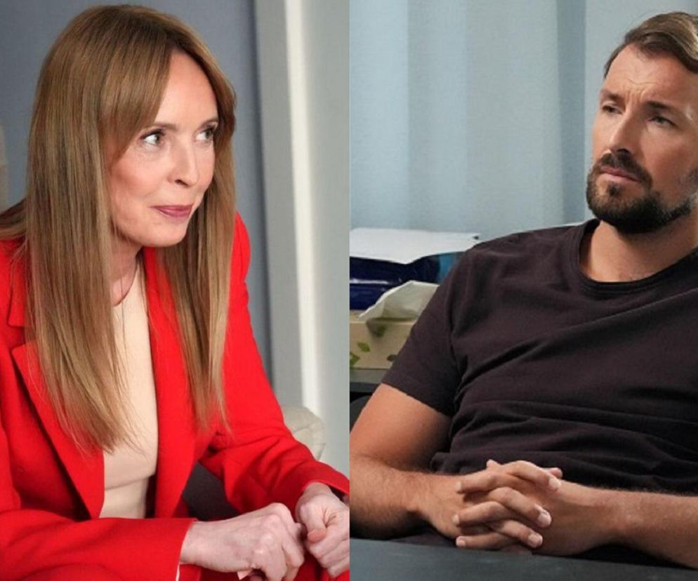 Katarzyna Tlałka jako Agnieszka w czerwonej marynarce oraz Oskar Stoczyński jako Kodur w ciemnym T-shircie podczas sceny przesłuchania z serialu Barwy szczęścia. Zdjęcie ilustruje odcinek 3312, gdzie Agnieszka nie przyznaje się Kodurowi do porwania Łukasza. Więcej informacji znajdziesz na Super Seriale.