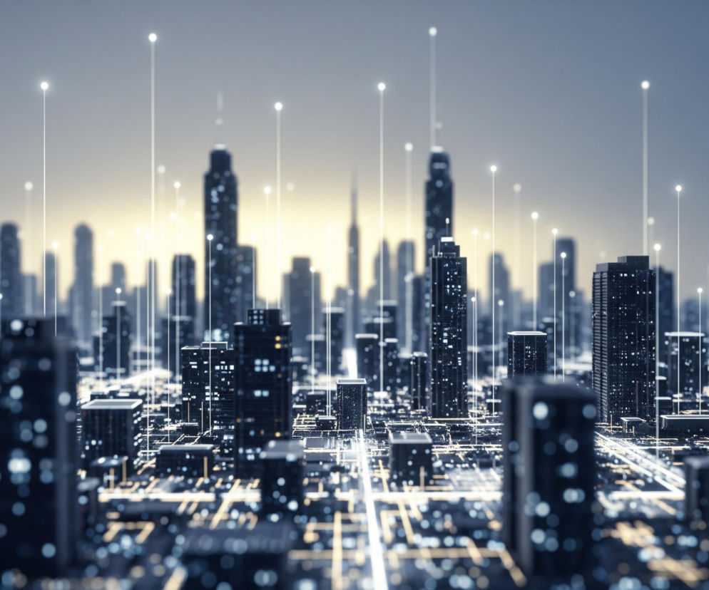Stylizowany, cyfrowy pejzaż miejski z licznymi, ciemnymi budynkami o prostych kształtach, z których część ma świecące okna. Budynki są rozmieszczone w gęstej siatce, połączonej liniami i punktami świetlnymi na dolnej części obrazu, przypominającymi obwody elektroniczne. Z wielu budynków wznoszą się pionowe, białe linie, zakończone jasnymi punktami, tworzące iluzję połączeń danych lub sygnałów. Tło jest zamglone, rozjaśniające się ku środkowi i górze, tworząc delikatny gradient od ciemnego granatu na pierwszym planie do jasnego błękitu i złocistego odcienia w oddali.