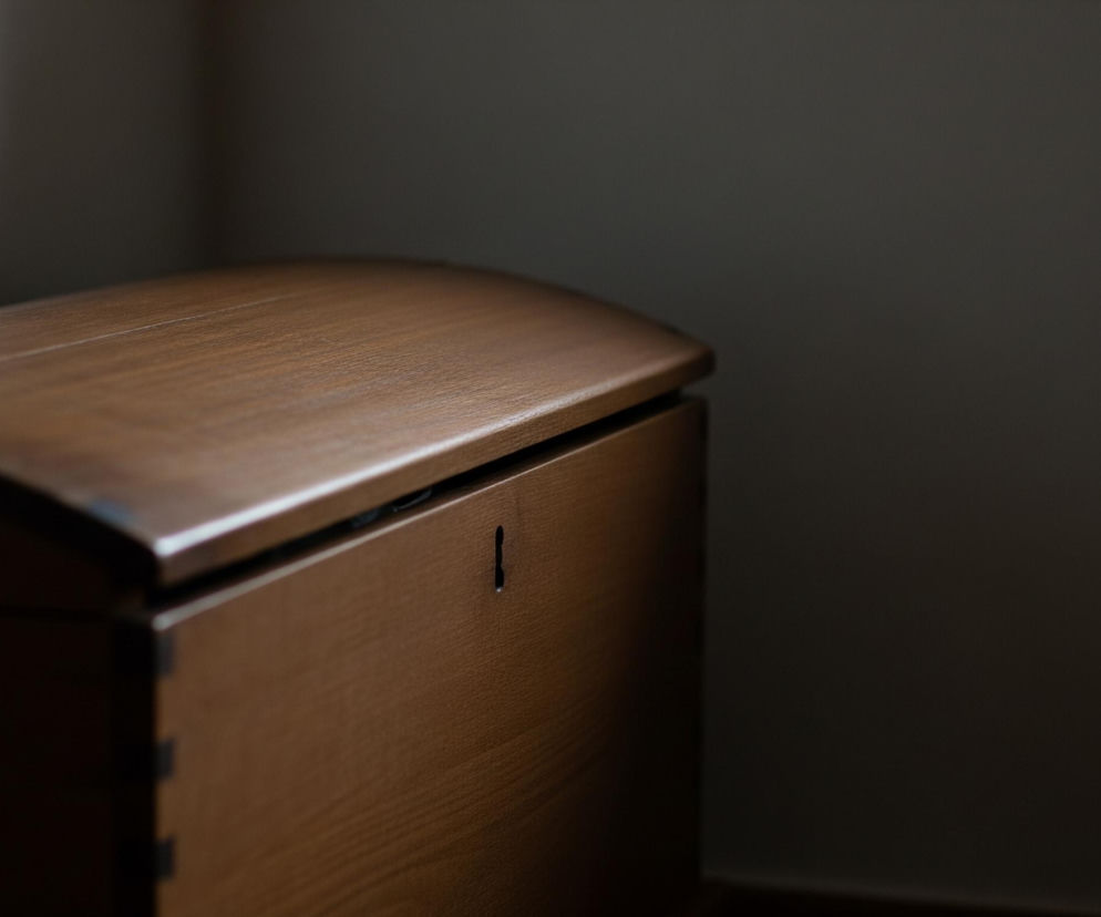 Drewniana skrzynia z lekko zaokrąglonym wiekiem zajmuje lewą i centralną część kadru. Jej powierzchnia jest w odcieniu jasnego brązu, z widocznym usłojeniem, a na przedniej ściance, w prawej części, znajduje się pionowy, wąski otwór na klucz. Wieko skrzyni jest minimalnie podniesione, tworząc niewielką szczelinę u góry. Tło po prawej stronie jest ciemnoszare, stopniowo jaśniejące w górnym lewym rogu.