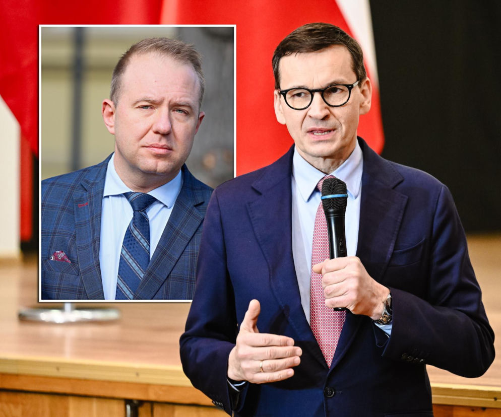 Mateusz Morawiecki z mikrofonem. Na miniaturze Mateusz Kurzejewski. O sporze polityków PiS przeczytasz w serwisie Eska.