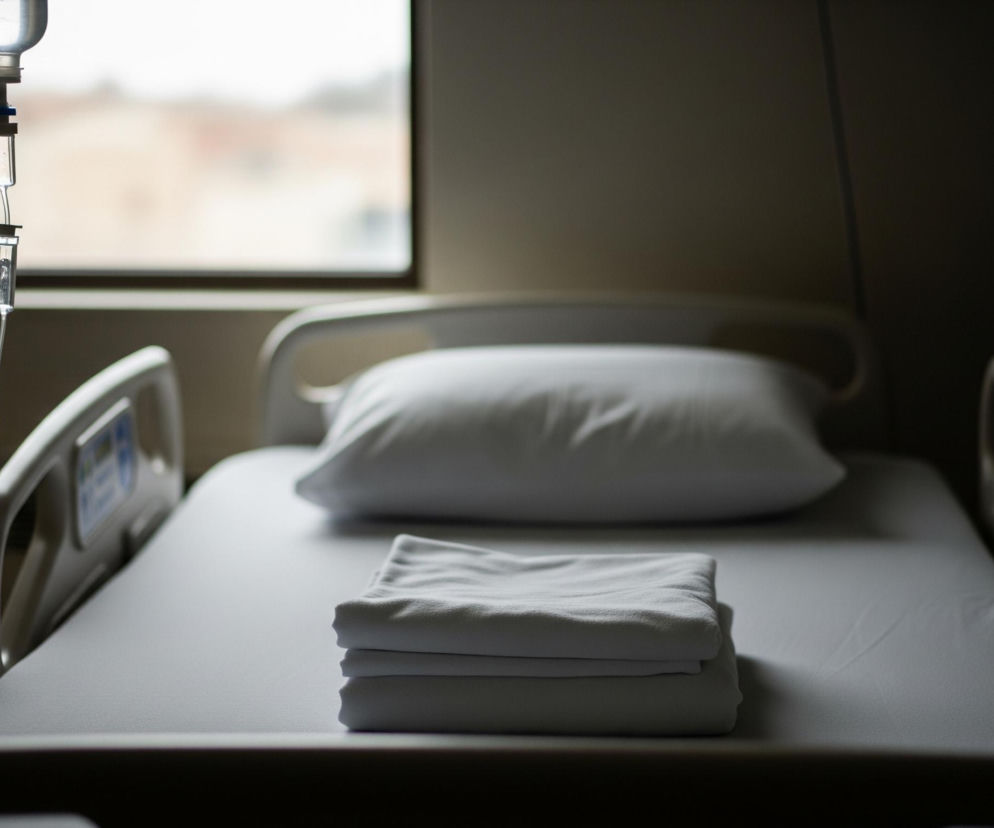 Centralnie znajduje się łóżko szpitalne z białą pościelą, poduszką oraz ułożonym w stos ręcznikiem lub kocem. Po lewej stronie pierwszego planu widoczny jest metalowy stojak z podwieszonym kroplówką, której przezroczyste elementy z widoczną cieczą są częściowo podświetlone. W tle, za łóżkiem, znajduje się okno, przez które wpada rozproszone światło, rozświetlając nieco dalszy plan.